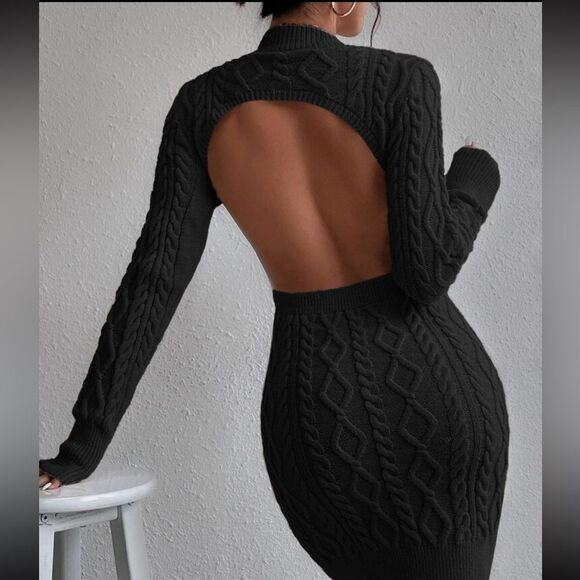 Cable Knit Backless Sweater Dress Black / 6(M) Never Worn Without Tag - Picture 4 of 4